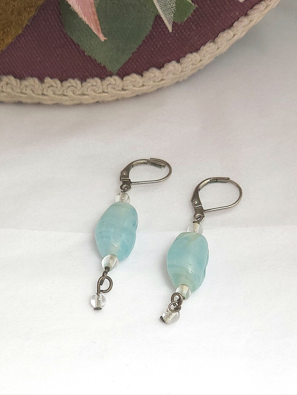 Handmade Blue Strip Glass Beaded Silver Dangle Earrings
